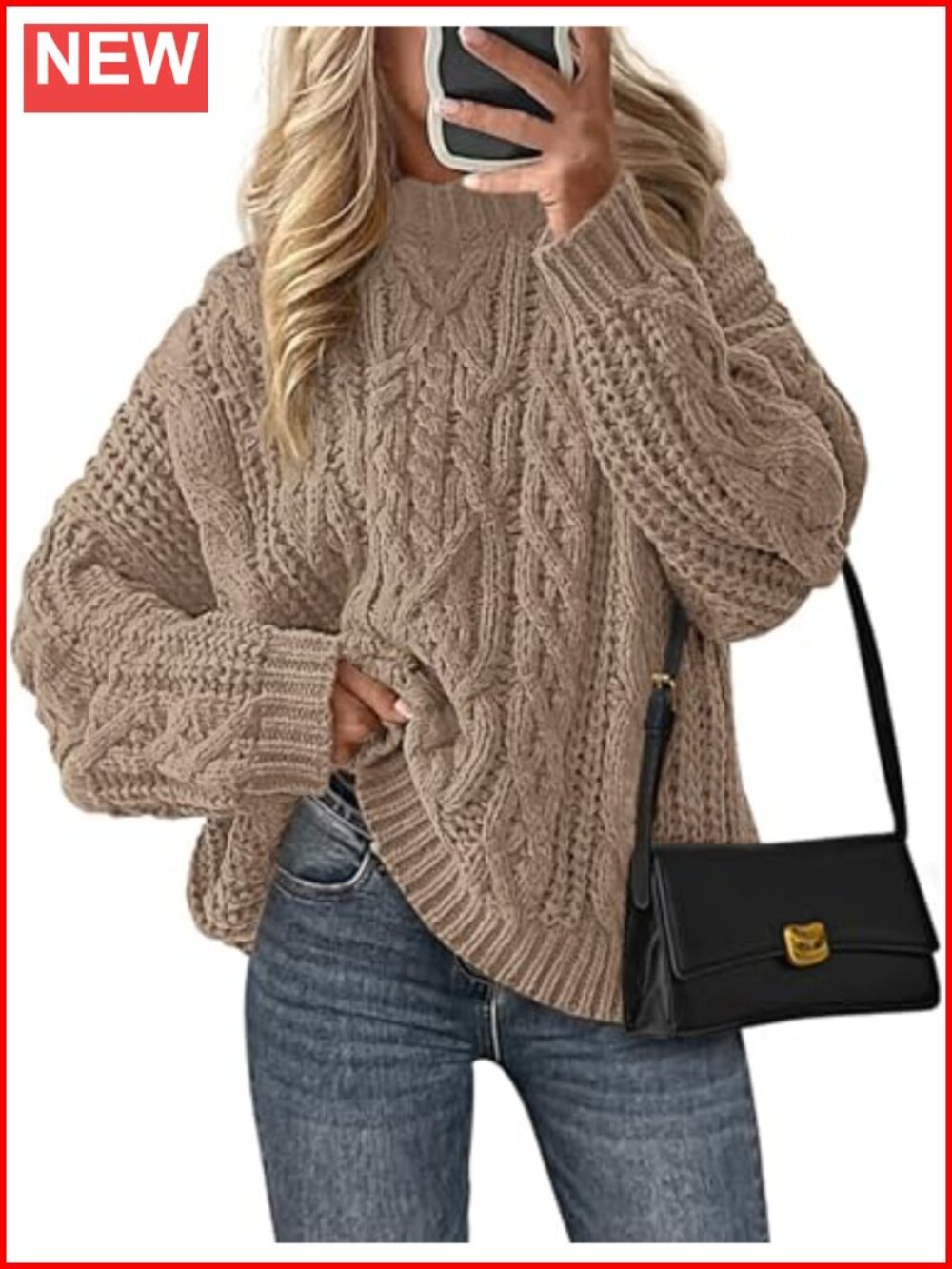 Oversized Chunky Cable Knit Crew Neck Pullover Sweater